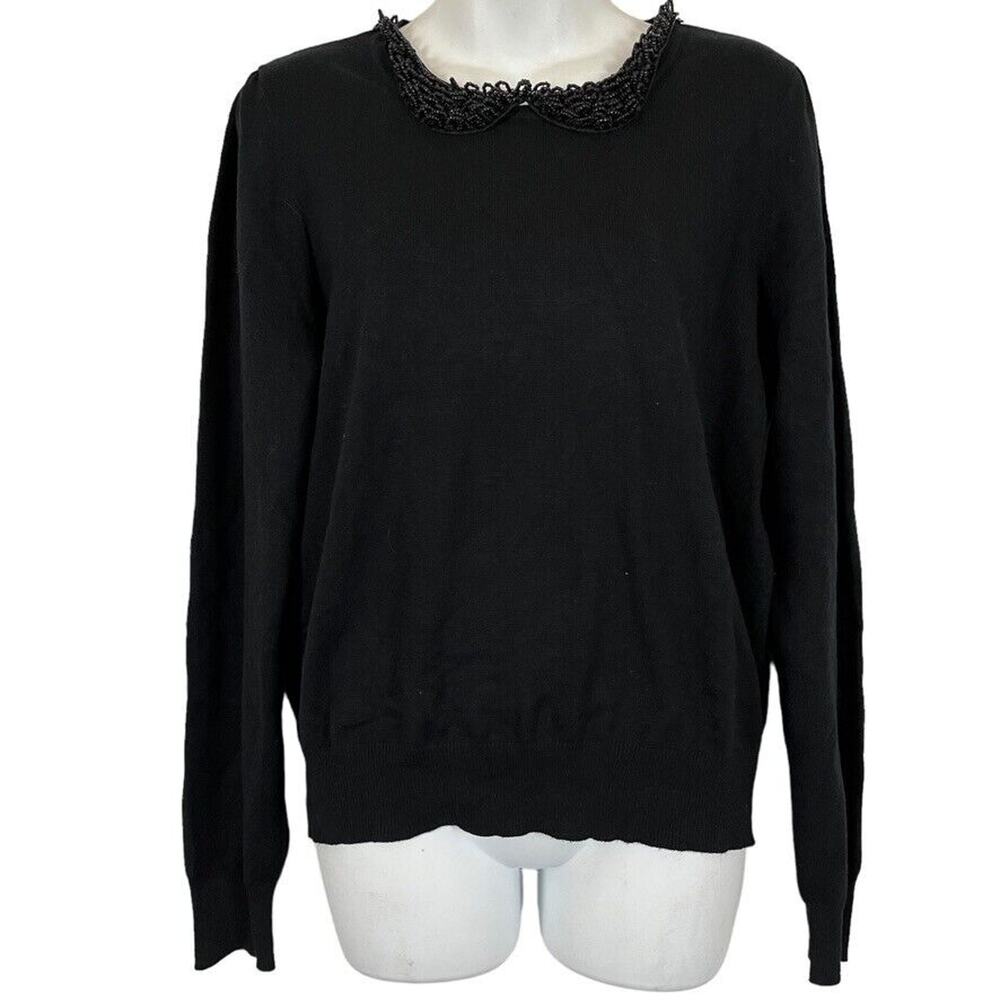 Draper James RSVP Womens Beaded Peter Pan Collar Black Puff Sleeve Sweater L